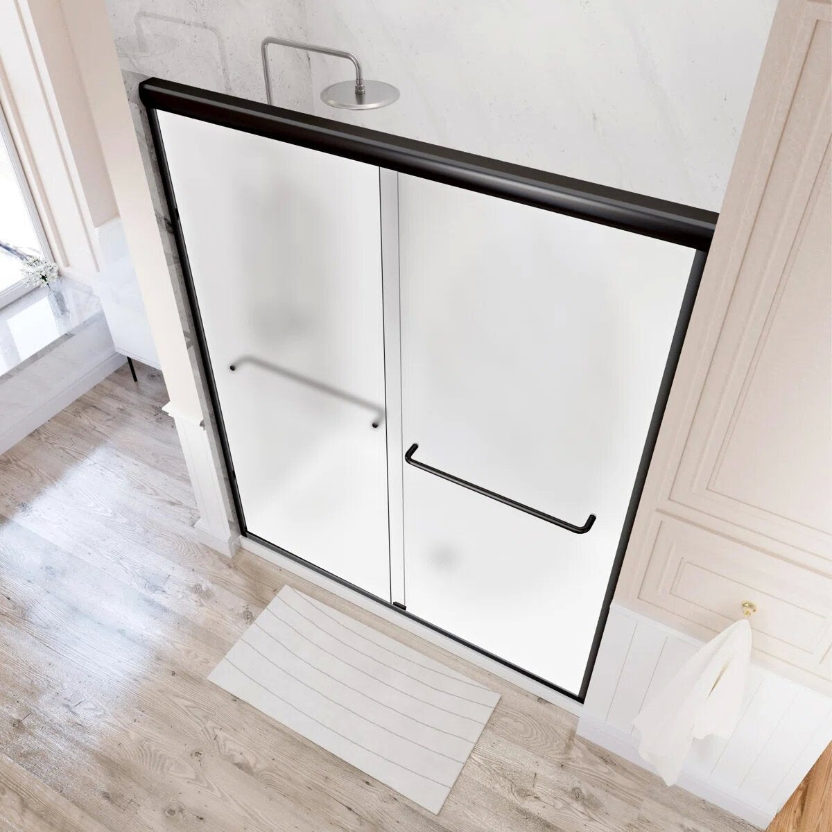iBath 44–48" Double Sliding Semi-Frameless Frosted Glass Shower Door with 2 Matte Black Towel Bars