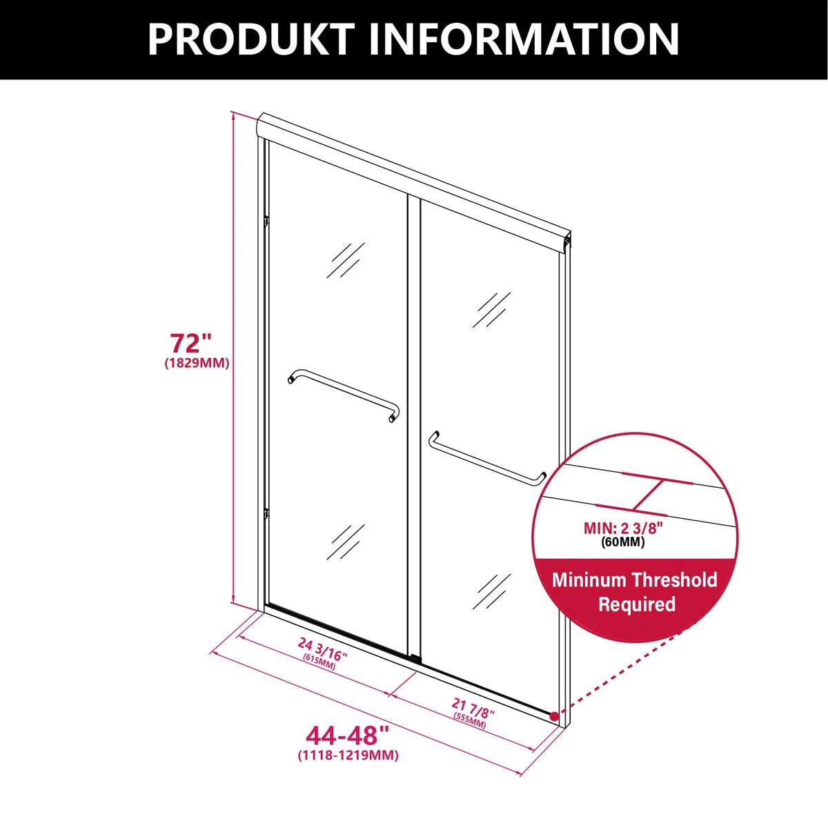 iBath 44–48" Double Sliding Semi-Frameless Frosted Glass Shower Door with 2 Matte Black Towel Bars