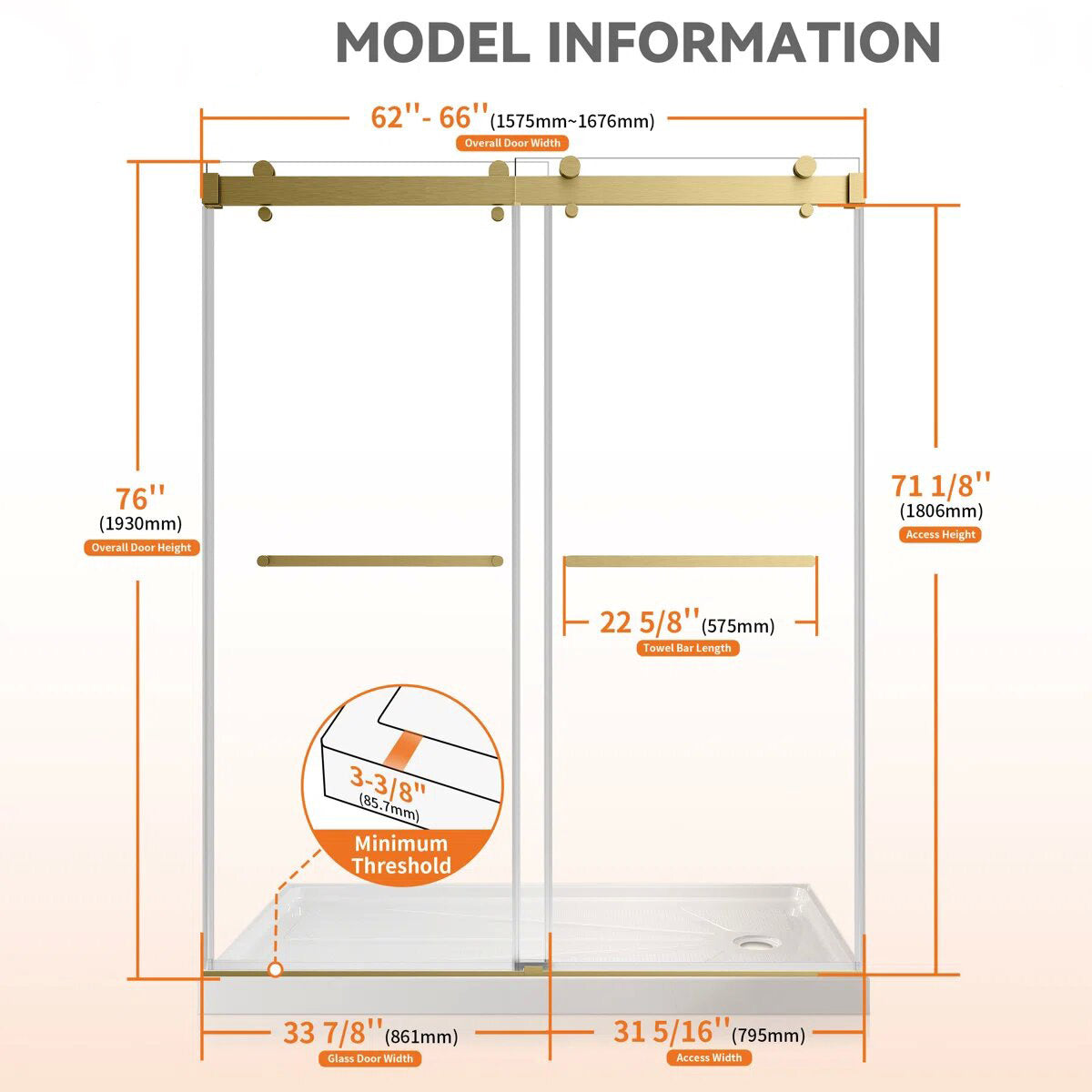 iBath Sliding Shower Door 62–66" W × 76" H, 3/8" Tempered Glass, Brushed Gold  KDS-6676-BG-W