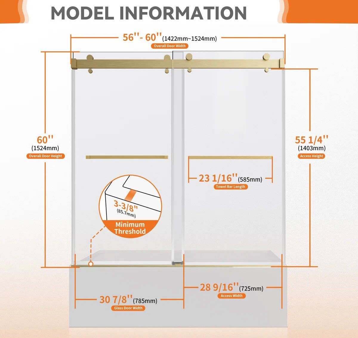 iBath Sliding Bathtub Door 56–60" W × 60" H, 3/8" Tempered Glass, Brushed Gold