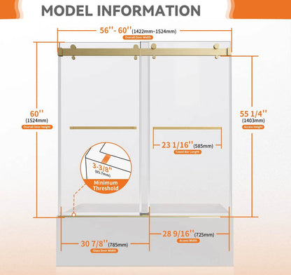 iBath Sliding Bathtub Door 56–60" W × 60" H, 3/8" Tempered Glass, Brushed Gold