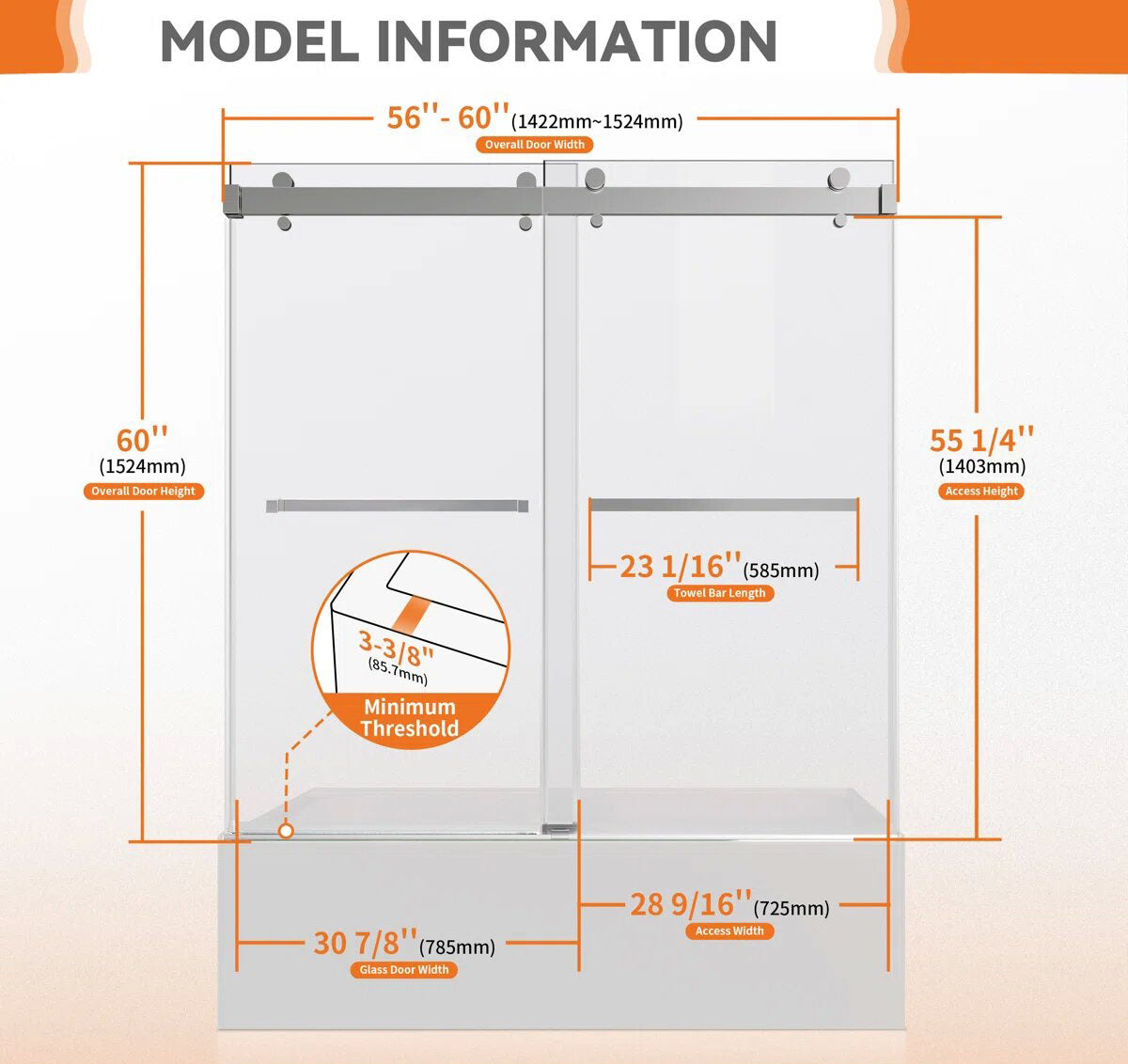 iBath 56–60" W × 60" H Sliding Bathtub Door, 3/8" Tempered Glass, Chrome