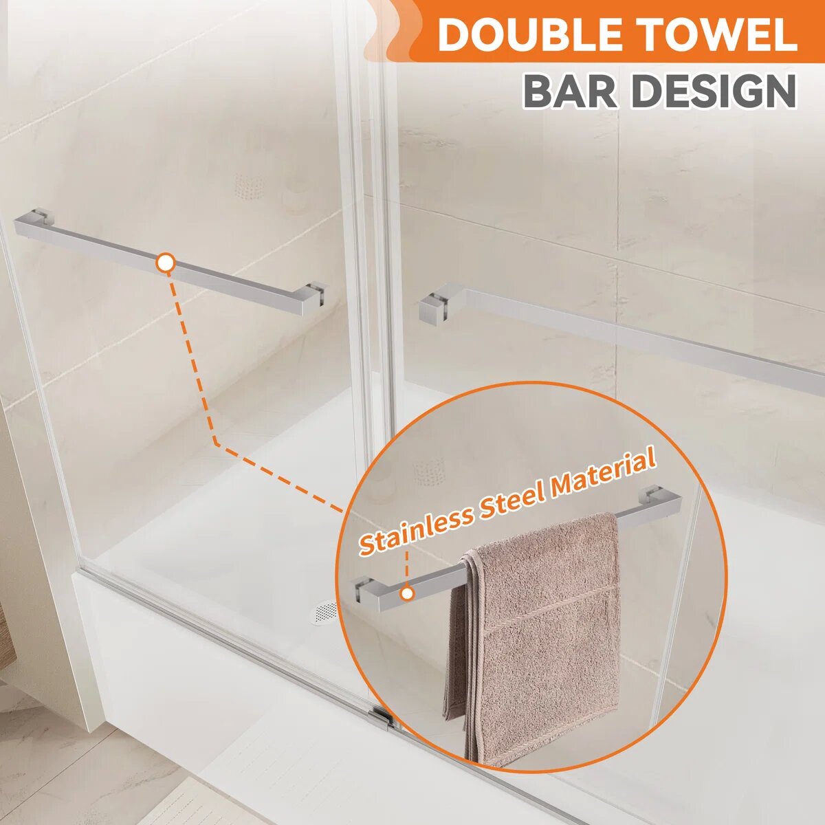 iBath 56–60" W × 60" H Sliding Bathtub Door, 3/8" Tempered Glass, Chrome