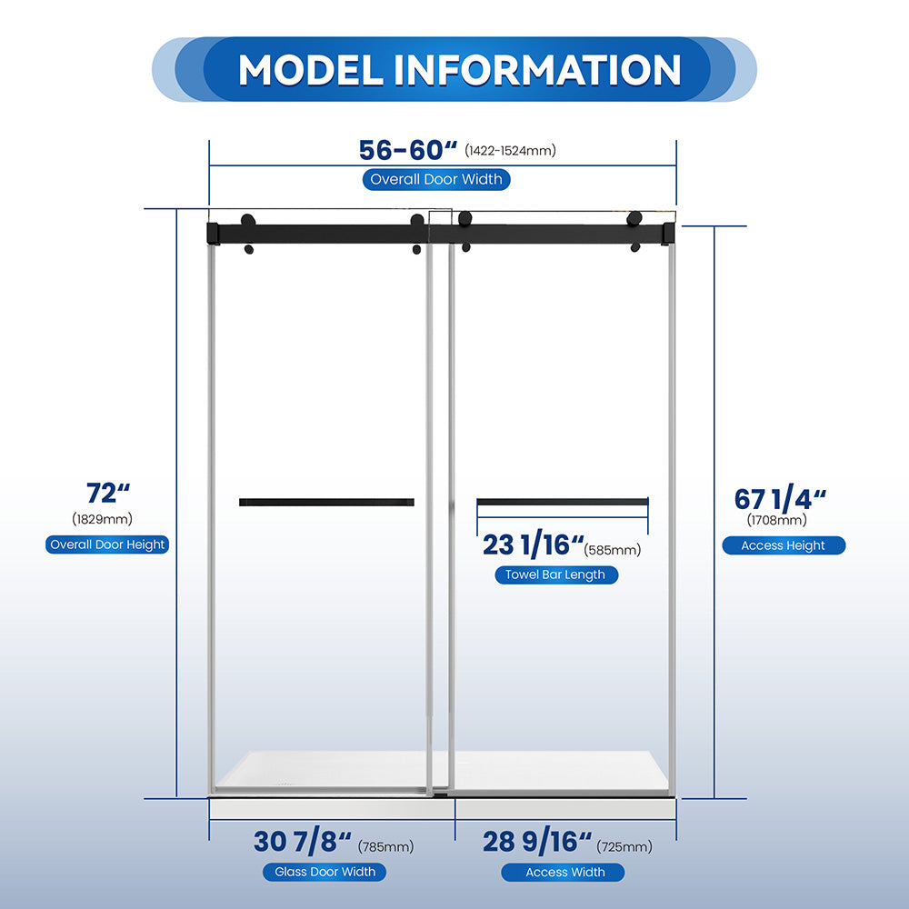 56–60 in. W x 72 in. H Double Sliding Frameless Soft-Close Shower Door in Matte Black with Clear Glass