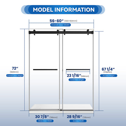 56–60 in. W x 72 in. H Double Sliding Frameless Soft-Close Shower Door in Matte Black with Clear Glass