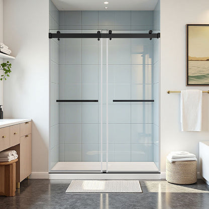56–60 in. W x 72 in. H Double Sliding Frameless Soft-Close Shower Door in Matte Black with Clear Glass
