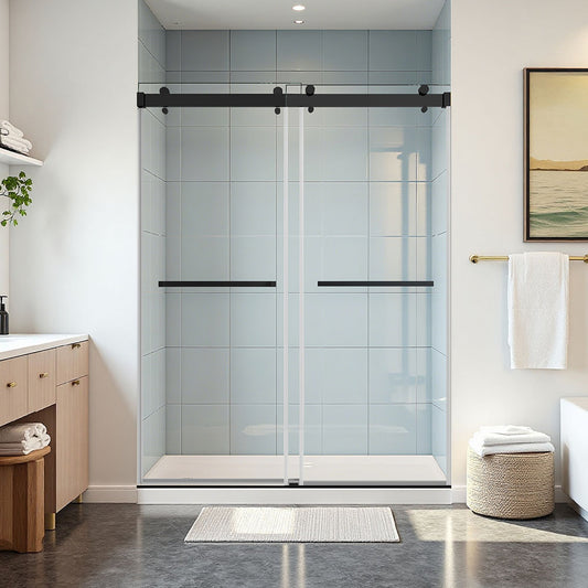56–60 in. W x 72 in. H Double Sliding Frameless Soft-Close Shower Door in Matte Black with Clear Glass