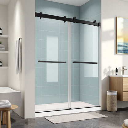 56–60 in. W x 72 in. H Double Sliding Frameless Soft-Close Shower Door in Matte Black with Clear Glass