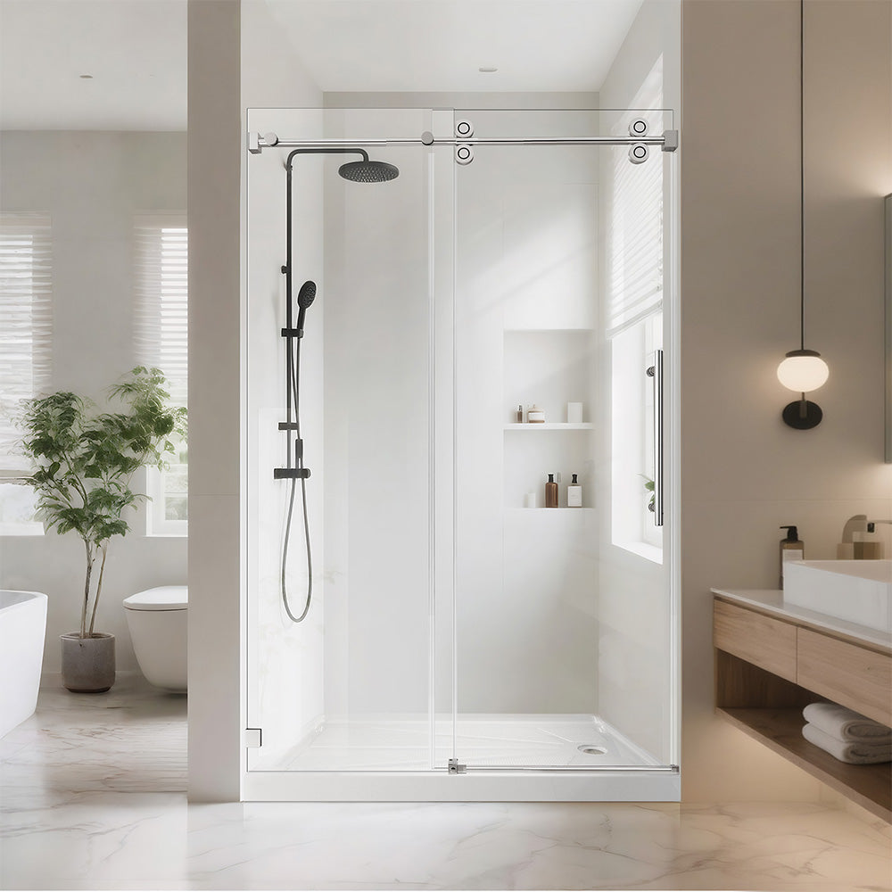 48 in. W x 76 in. H Single Sliding Frameless Shower Door in Chrome with 3/8 in. Clear Tempered Glass