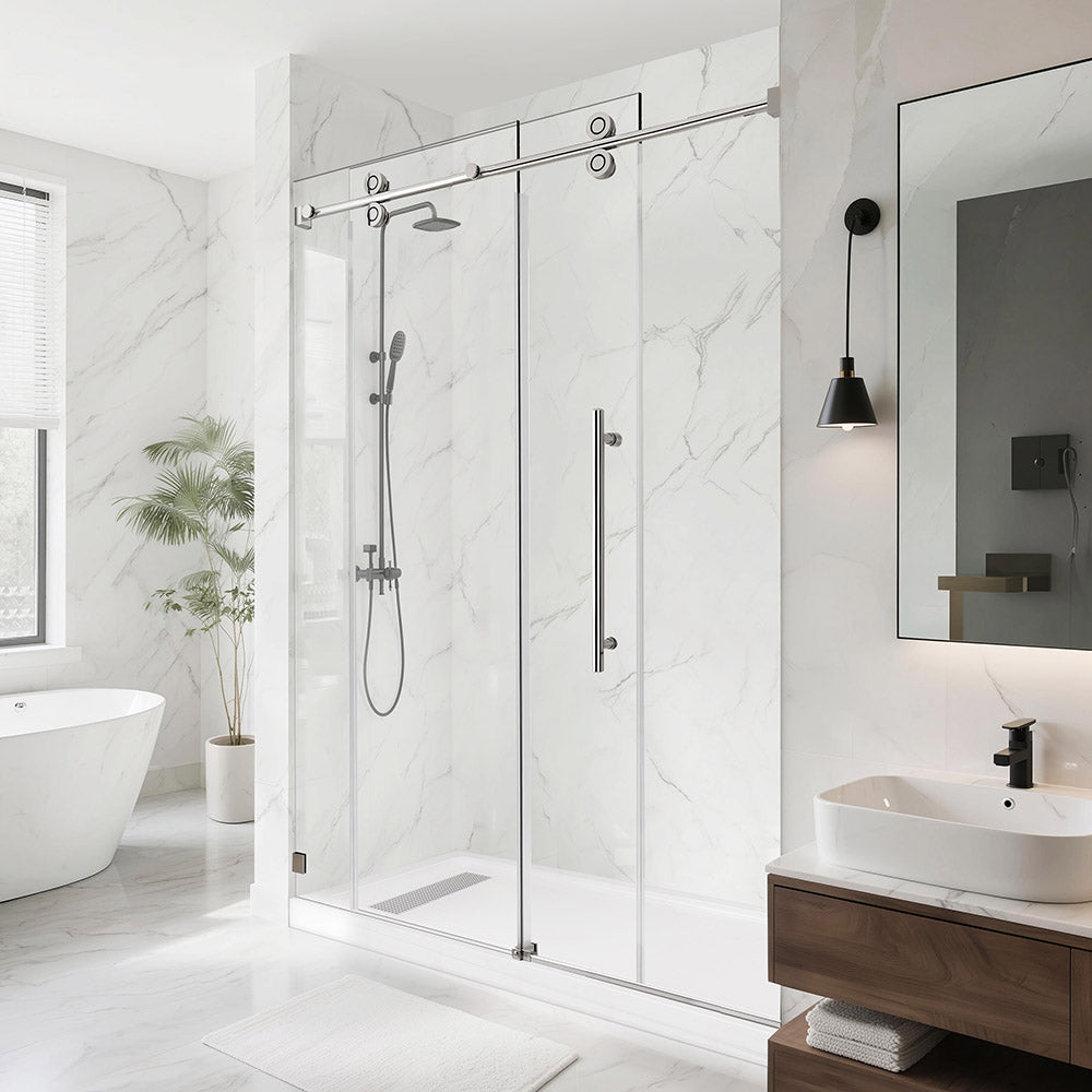 48 in. W x 76 in. H Single Sliding Frameless Shower Door in Chrome with 3/8 in. Clear Tempered Glass