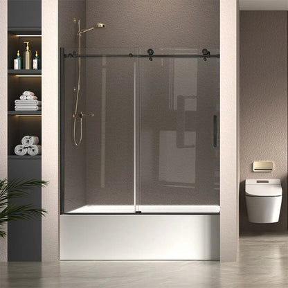 iBath 57-60 in. W x 60 in. H Sliding Frameless Tub Door in Matte Black with Clear Glass