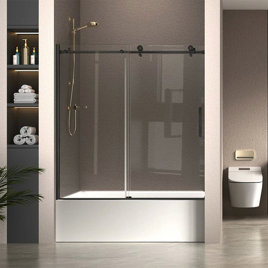 iBath 57-60 in. W x 60 in. H Sliding Frameless Tub Door in Matte Black with Clear Glass
