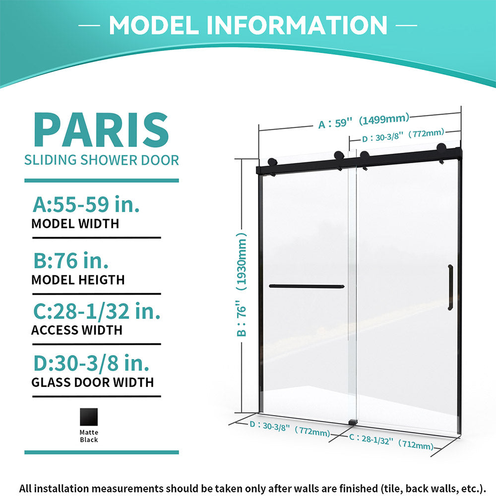 iBath 56-60 Inch W × 76 Inch H Double Sliding Frameless Shower Door With 3/8 Inch Tempered Clear Glass IB-PA5976-MB