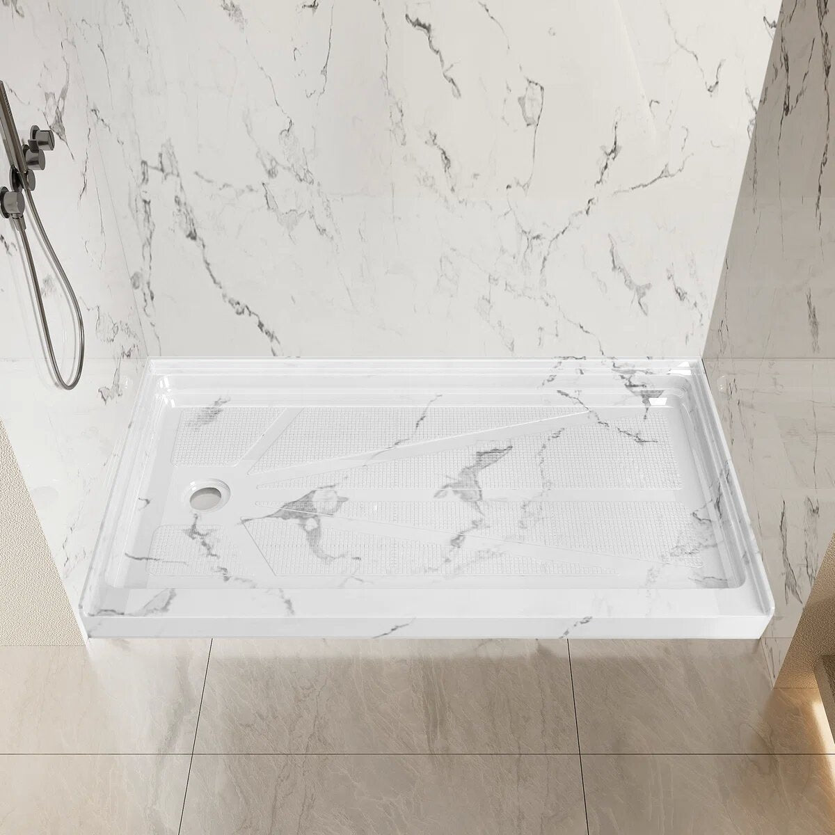 iBath 60" x 34" Alcove Shower Base with Left Drain, Low Profile Single Threshold, Integrated Flange, Marble White – ABCS6034L/1MW-W