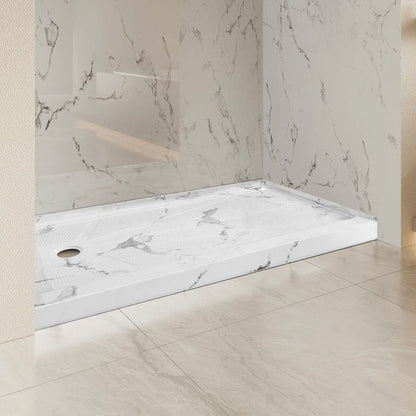 iBath 60" x 34" Alcove Shower Base with Left Drain, Low Profile Single Threshold, Integrated Flange, Marble White – ABCS6034L/1MW-W