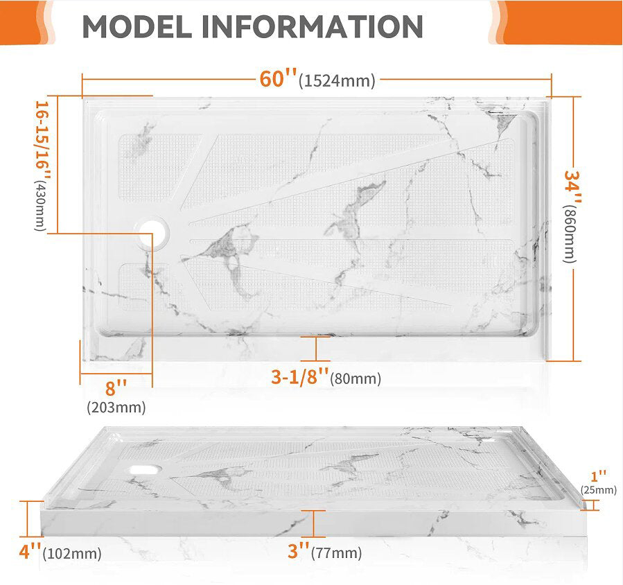 iBath 60" x 34" Alcove Shower Base with Left Drain, Low Profile Single Threshold, Integrated Flange, Marble White – ABCS6034L/1MW-W