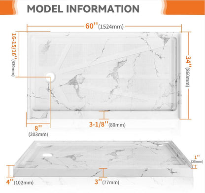 iBath 60" x 34" Alcove Shower Base with Left Drain, Low Profile Single Threshold, Integrated Flange, Marble White – ABCS6034L/1MW-W
