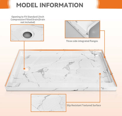 iBath 60" x 34" Alcove Shower Base with Left Drain, Low Profile Single Threshold, Integrated Flange, Marble White – ABCS6034L/1MW-W
