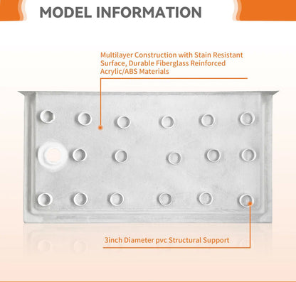 iBath 60" x 34" Alcove Shower Base with Left Drain, Low Profile Single Threshold, Integrated Flange, Marble White – ABCS6034L/1MW-W