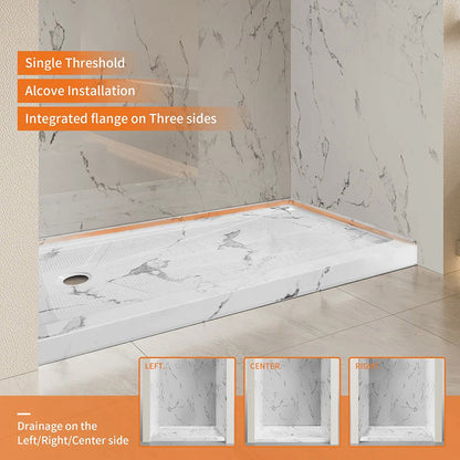 iBath 60" x 34" Alcove Shower Base with Left Drain, Low Profile Single Threshold, Integrated Flange, Marble White – ABCS6034L/1MW-W