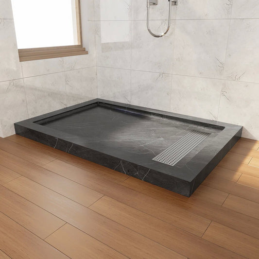 iBath 48" x 32" Shower Base with Linear Drain, Reversible Design, Removable Flanges, Acrylic Shower Pan, Marble Gray – SS4832-MG-W