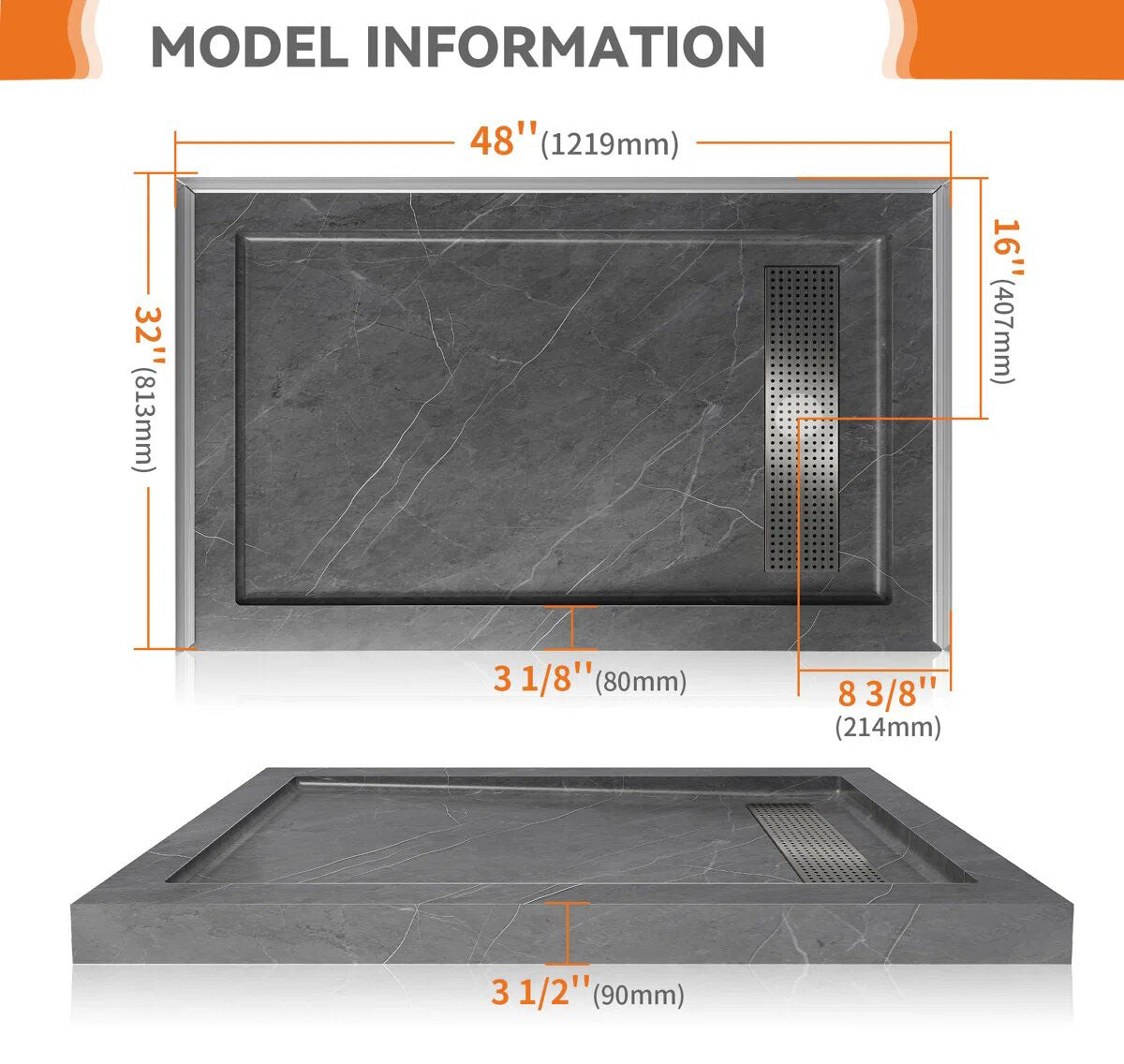 iBath 48" x 32" Shower Base with Linear Drain, Reversible Design, Removable Flanges, Acrylic Shower Pan, Marble Gray – SS4832-MG-W