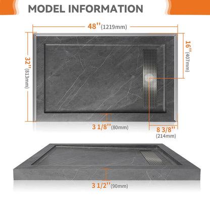 iBath 48" x 32" Shower Base with Linear Drain, Reversible Design, Removable Flanges, Acrylic Shower Pan, Marble Gray – SS4832-MG-W