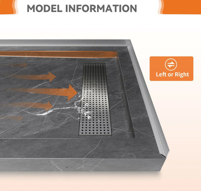 iBath 48" x 32" Shower Base with Linear Drain, Reversible Design, Removable Flanges, Acrylic Shower Pan, Marble Gray – SS4832-MG-W