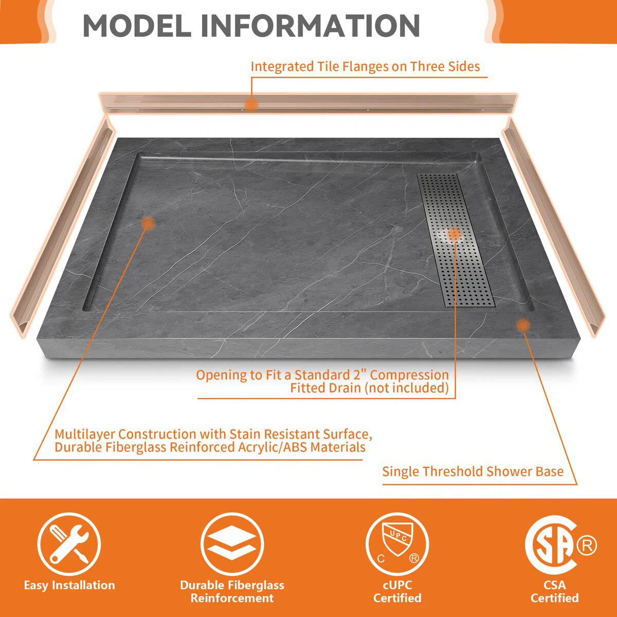 iBath 48" x 32" Shower Base with Linear Drain, Reversible Design, Removable Flanges, Acrylic Shower Pan, Marble Gray – SS4832-MG-W