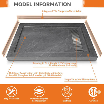 iBath 48" x 32" Shower Base with Linear Drain, Reversible Design, Removable Flanges, Acrylic Shower Pan, Marble Gray – SS4832-MG-W