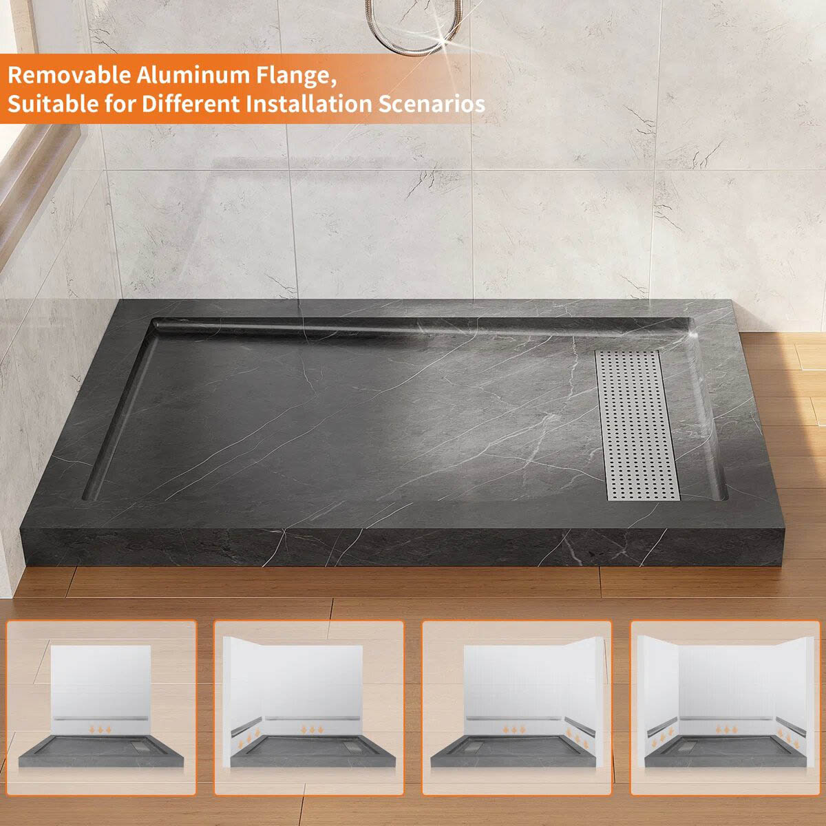 iBath 48" x 32" Shower Base with Linear Drain, Reversible Design, Removable Flanges, Acrylic Shower Pan, Marble Gray – SS4832-MG-W