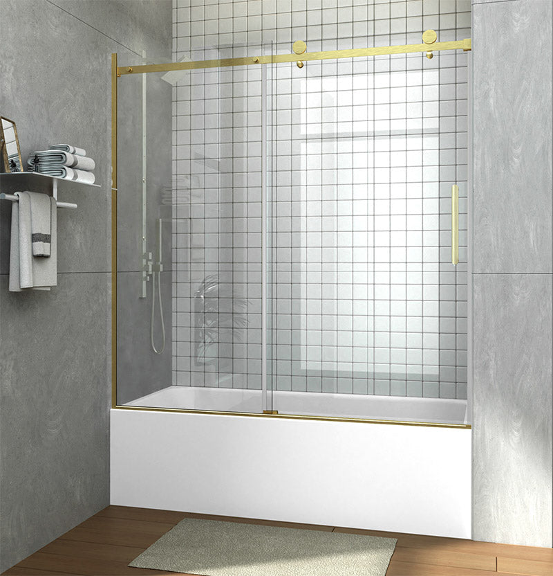 iBath 57-60 in. W x 60 in. H Sliding Frameless Tub Door in Satin Gold with Clear Glass