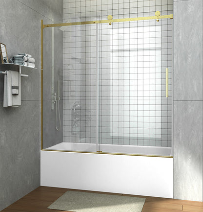iBath 57-60 in. W x 60 in. H Sliding Frameless Tub Door in Satin Gold with Clear Glass