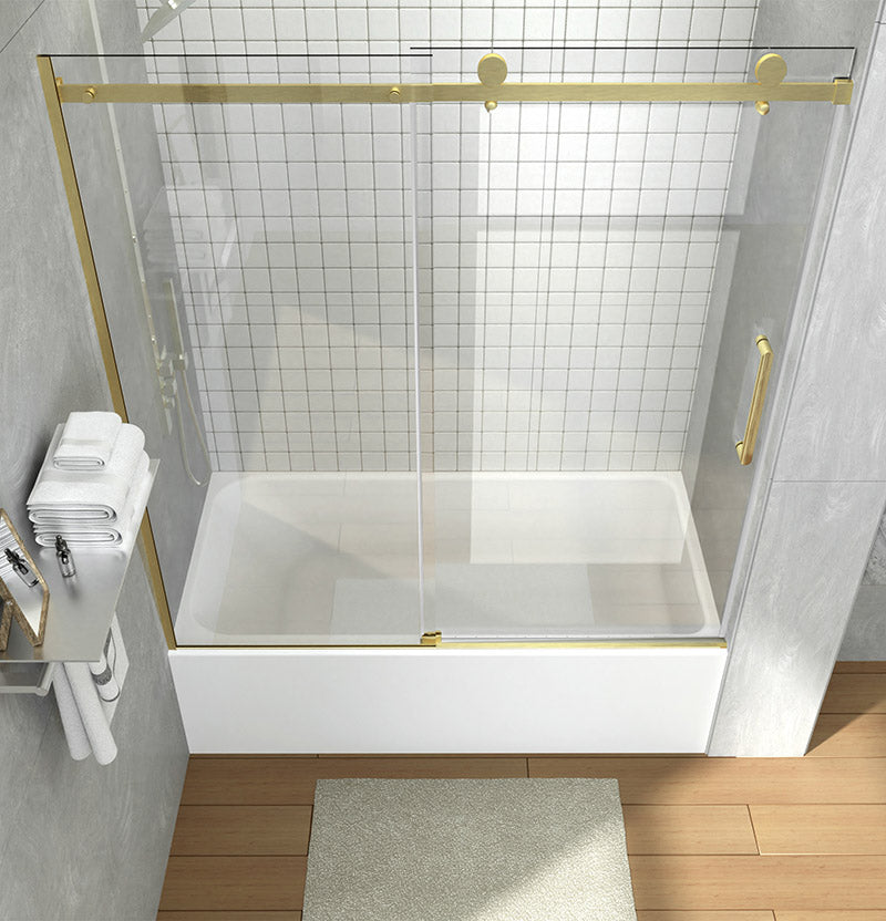 iBath 57-60 in. W x 60 in. H Sliding Frameless Tub Door in Satin Gold with Clear Glass