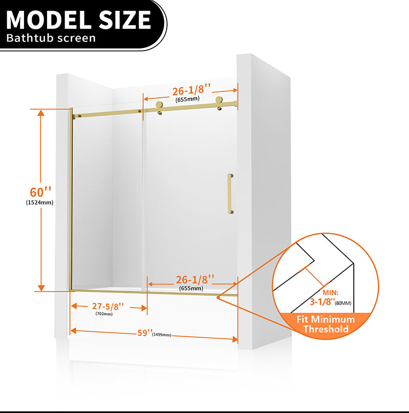 iBath 57-60 in. W x 60 in. H Sliding Frameless Tub Door in Satin Gold with Clear Glass