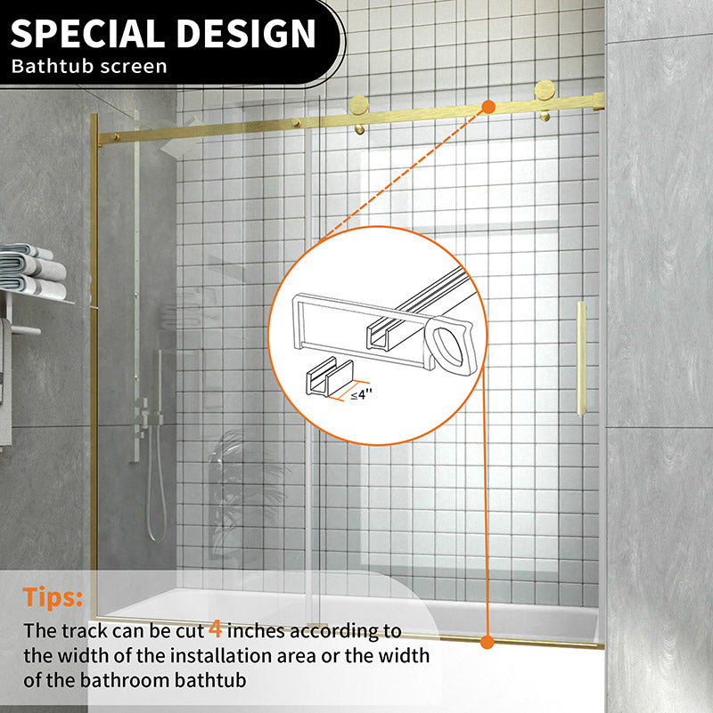 iBath 57-60 in. W x 60 in. H Sliding Frameless Tub Door in Satin Gold with Clear Glass