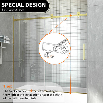 iBath 57-60 in. W x 60 in. H Sliding Frameless Tub Door in Satin Gold with Clear Glass