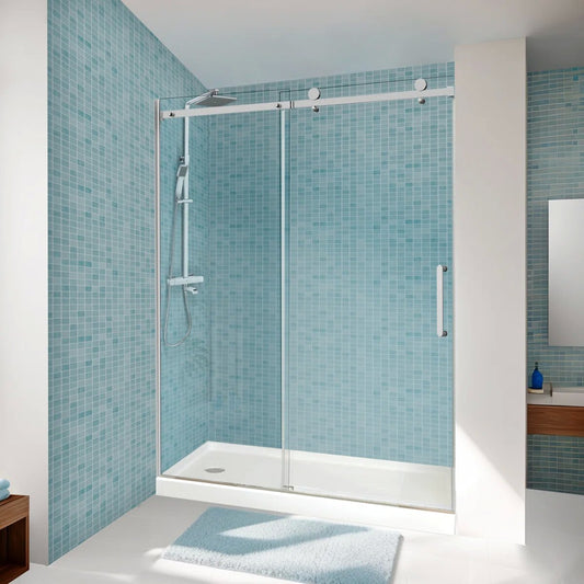 iBath Frameless Single Sliding Shower Door, 55–59" W x 75" H, Rectangular Sliding Rail, 3/8" Tempered Glass, Chrome, TE-5975-CH-40