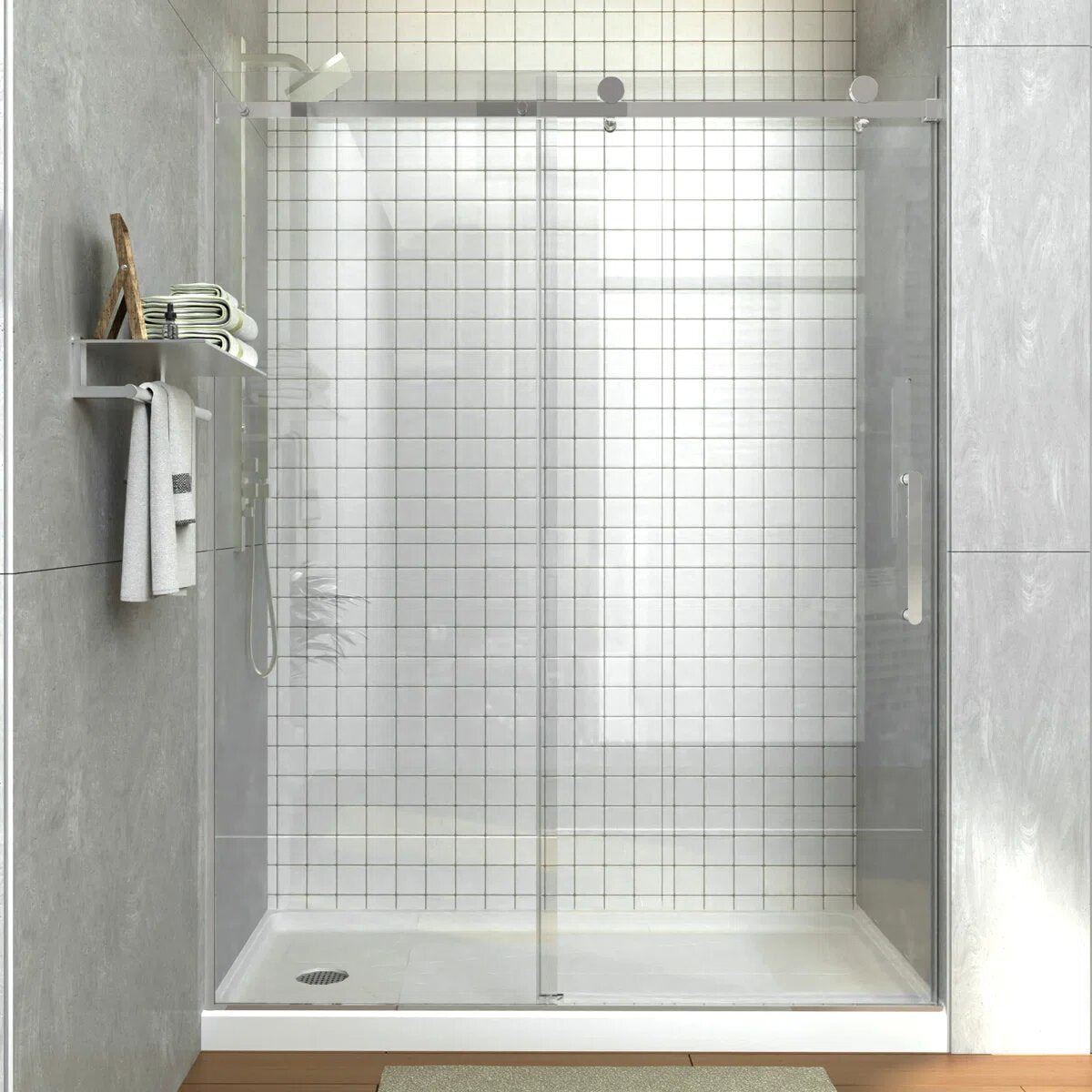 iBath Frameless Single Sliding Shower Door, 55–59" W x 75" H, Rectangular Sliding Rail, 3/8" Tempered Glass, Chrome, TE-5975-CH-40