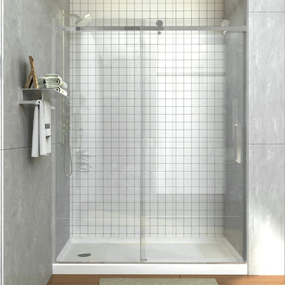 iBath Frameless Single Sliding Shower Door, 55–59" W x 75" H, Rectangular Sliding Rail, 3/8" Tempered Glass, Chrome, TE-5975-CH-40