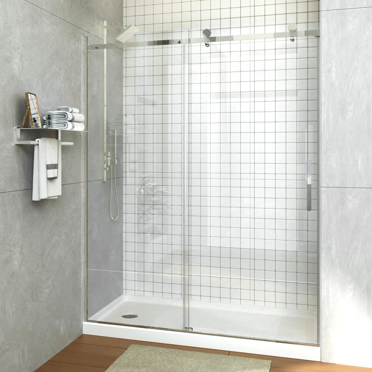 iBath Frameless Single Sliding Shower Door, 55–59" W x 75" H, Rectangular Sliding Rail, 3/8" Tempered Glass, Chrome, TE-5975-CH-40