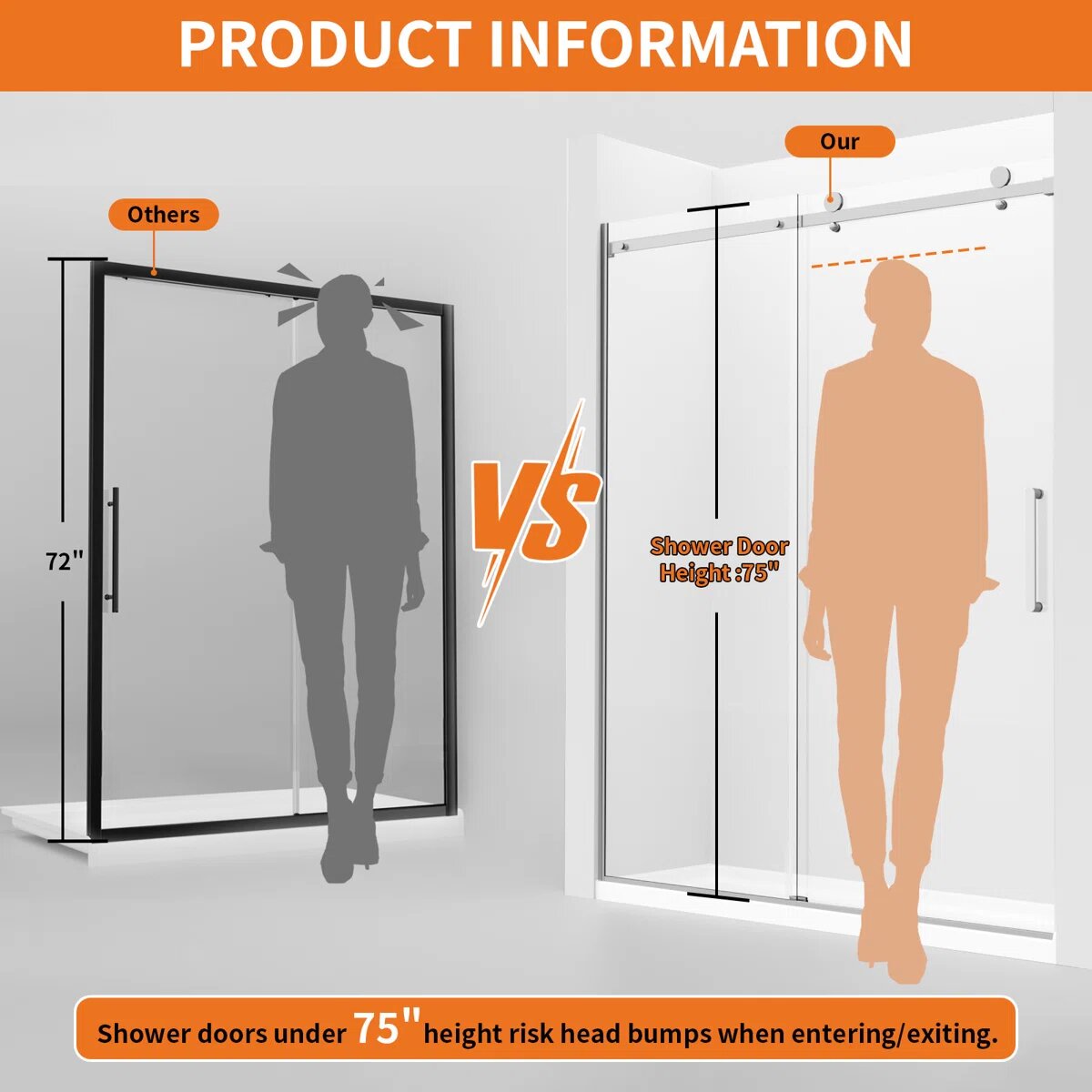 iBath Frameless Single Sliding Shower Door, 55–59" W x 75" H, Rectangular Sliding Rail, 3/8" Tempered Glass, Chrome, TE-5975-CH-40