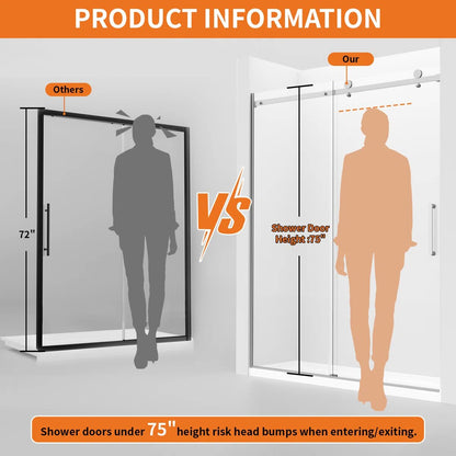 iBath Frameless Single Sliding Shower Door, 55–59" W x 75" H, Rectangular Sliding Rail, 3/8" Tempered Glass, Chrome, TE-5975-CH-40