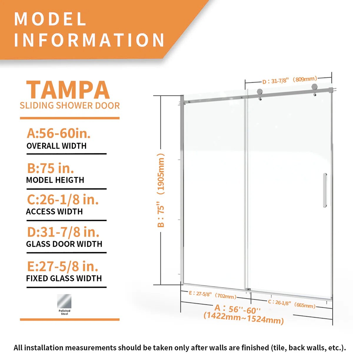 iBath Frameless Single Sliding Shower Door, 55–59" W x 75" H, Rectangular Sliding Rail, 3/8" Tempered Glass, Chrome, TE-5975-CH-40