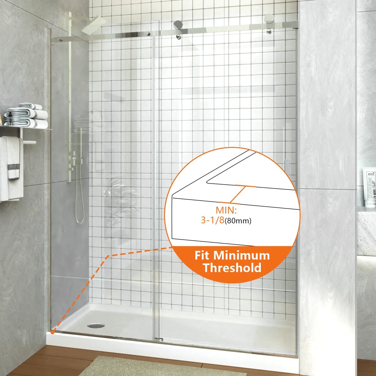 iBath Frameless Single Sliding Shower Door, 55–59" W x 75" H, Rectangular Sliding Rail, 3/8" Tempered Glass, Chrome, TE-5975-CH-40