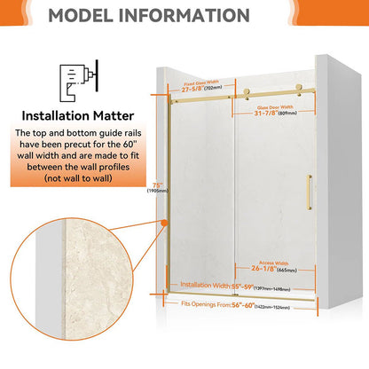 iBath Single Sliding Frameless Shower Door, 55–59" W x 75" H