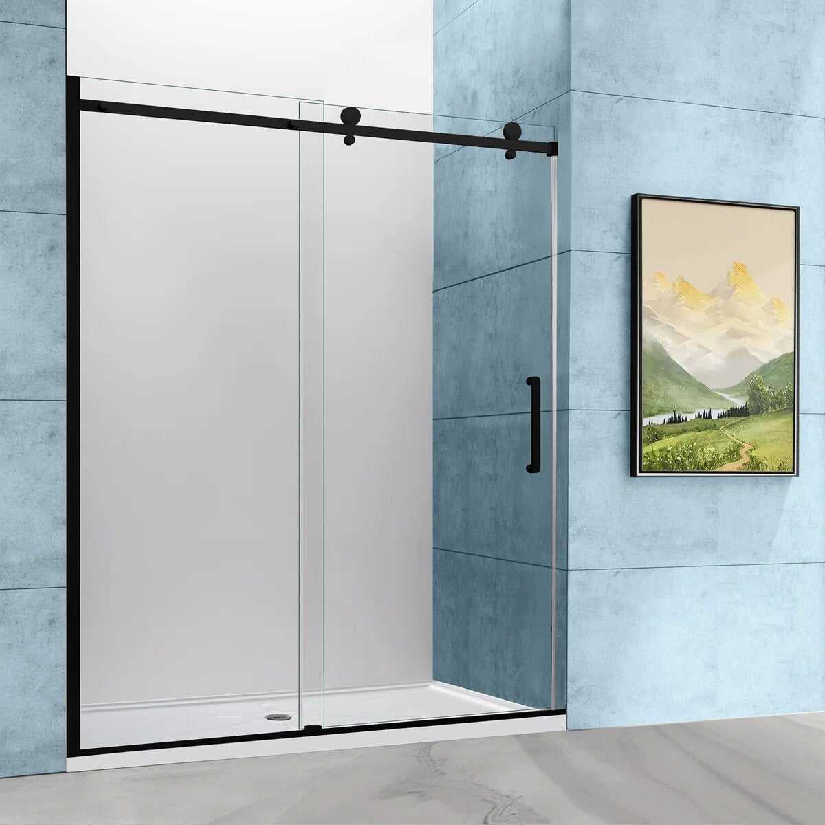 iBath Single Sliding Frameless Shower Door, 55–59" W x 75" H, Rectangular Rail, Matte Black TE-5975-MB-40