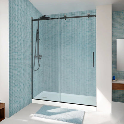 iBath Single Sliding Frameless Shower Door, 55–59" W x 75" H, Rectangular Rail, Matte Black TE-5975-MB-40