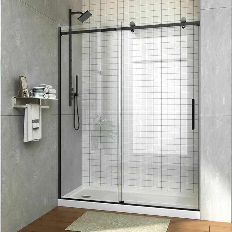 iBath Single Sliding Frameless Shower Door, 55–59" W x 75" H, Rectangular Rail, Matte Black TE-5975-MB-40