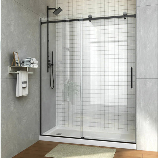 iBath Single Sliding Frameless Shower Door, 55–59" W x 75" H, Rectangular Rail, Matte Black TE-5975-MB-40